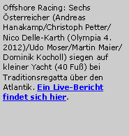 Textfeld: Offshore Racing: Sechs �sterreicher (Andreas Hanakamp/Christoph Petter/Nico Delle-Karth (Olympia 4. 2012)/Udo Moser/Martin Maier/Dominik Kocholl) siegen auf kleiner Yacht (40 Fu�) bei Traditionsregatta �ber den Atlantik. Ein Live-Bericht findet sich hier.